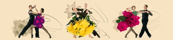 Collage Con Tres Parejas Bailarines Baile Salón Con Trajes Florales —  Fotos de Stock
