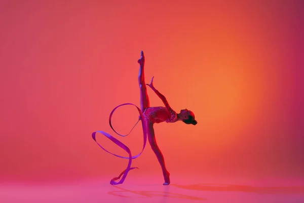 Exercise Ribbon Young Flexible Teen Girl Rhythmic Gymnast Motion Action — Stock Photo, Image