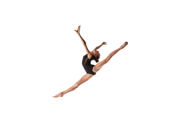 Twine Jump Emotions Motion Portrait Junior Gymnast Black Sport Swimsuit — Stock Photo, Image