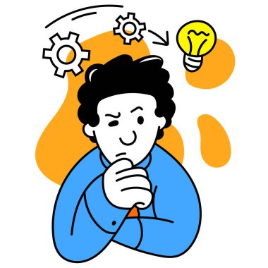 Yeni fikirler, düşünceler ve şüpheler. İş süreçlerini düşünen hırslı, zeki bir yöneticiyle vektör çizimi. İş, finans, minimalizm, takım, yönetim ve hedef