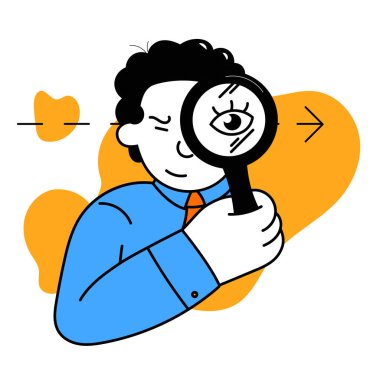 Detaylara çalış. Farklı iş süreçlerini araştıran hırslı, zeki bir yöneticiyle vektör illüstrasyonu. İş, finans, minimalizm, takım, yönetim ve vizyon. İlan için alanı kopyala