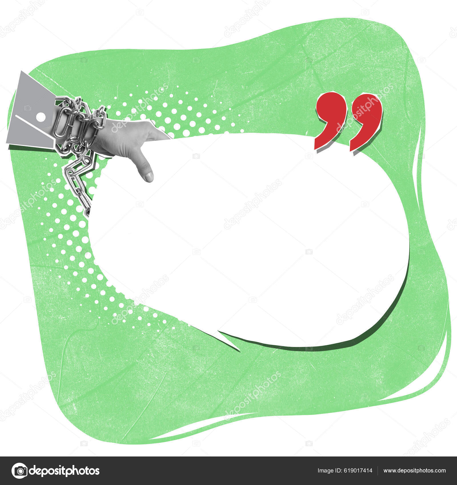 現代のシュールなコラージュ 人間の手を保持したり 光の背景の上にテキスト 広告のためのコピースペースで空の白いスピーチバブルに触れる 創造性 ニュース  雑誌のスタイルの概念— ストックイラストレーション by © vova130555@gmail.com #619017414, image size:1600x1700