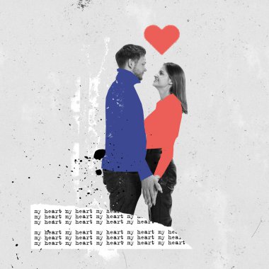 My heart. Young couple in love stranding on abstract background with text. Bright contemporary art collage or design. Art, fashion and music. Ideas, relationship, vintage, retro style, imagination clipart