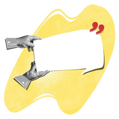 Promosyon, reklam, fikirler, ürün ve teklifler için tasarım. Beyaz boş konuşma baloncuklarıyla el sallayın. Çağdaş sanat kolajı. İş kavramı, reklam, iş