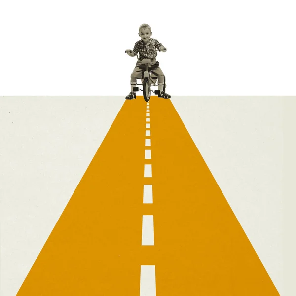 Road to the future. Contemporary art collage. Little retro boy on a bike having fun isolated over minimal background. Concept of funny children, sport, creativity, design, childhood. Copy space for ad