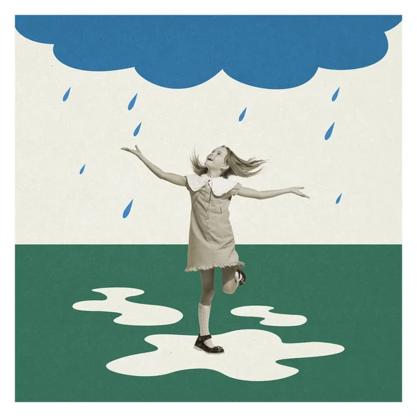 开心的心情艺术拼贴与可爱的学龄儿童站在下拉起的雨隔离的最小背景 回到学校的概念 广告的复制空间 — 图库照片