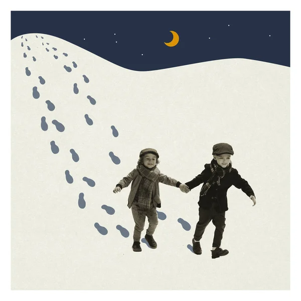 Happy mood. Contemporary minimal art collage with cute school age retro kids running in the snow isolated on minimal background. Childhood, education, studying, back to school concept. Copy space, ad.