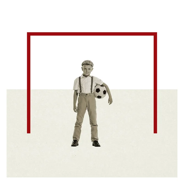Kleiner Junge Mit Fußballball Collage Zeitgenössischer Kunst Retro Vintage Stil — Stockfoto