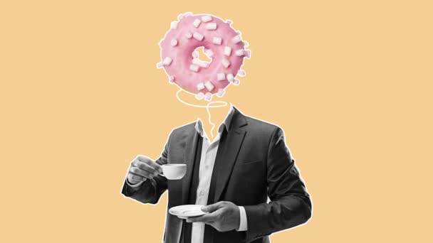 Morning Coffee Makes Things Better Man Business Suit Glazed Donut — Stock Video