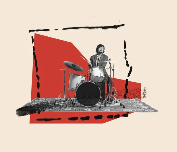 現代の創造的なアートワーク デザイン カラフルな背景に隔絶されたドラムを演奏する若い男の現代美術のコラージュ 音楽のライフスタイル ジャズ ロック ロックンロール 創造性 想像力 広告の概念 — ストック写真