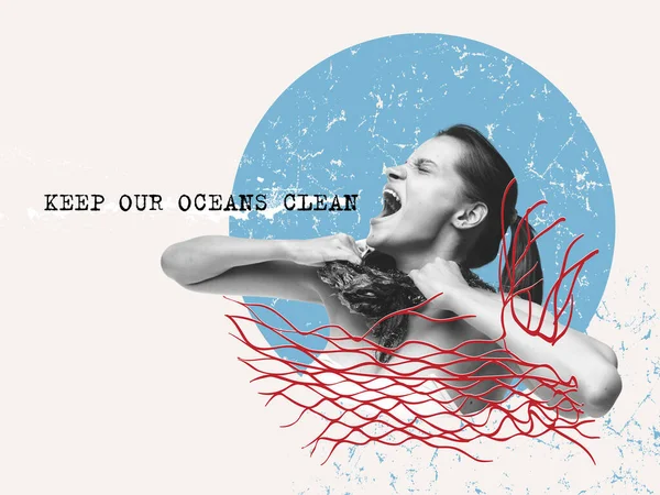 World oceans day, World Environment Day, Earth day, World Maritime Day concept. Screaming woman tearing suffocating plastic trash on her neck. Contemporary art collage. Save marine life.