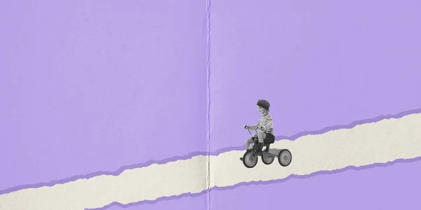 Дорога Будущее Коллаж Современного Искусства Маленький Ретро Мальчик Велосипеде Веселится — стоковое фото