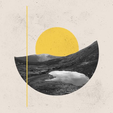 Çağdaş sanat eserleri. Retro tarzda yaratıcı tasarım. Göllü dağlarda büyüleyici bir gün batımı. İnanılmaz bir doğa. Yaz. Yaratıcılık kavramı, sürrealizm, hayal gücü, fütüristik manzara. Poster