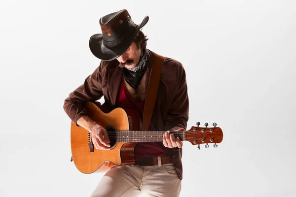 Portrait Man Moustaches Country Style Clothes Playing Guitar Isolated White — Stock Photo, Image