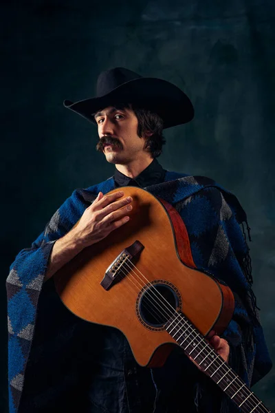 Portrait Man Moustaches Country Style Clothes Playing Guitar Isolated Dark — Stock Photo, Image