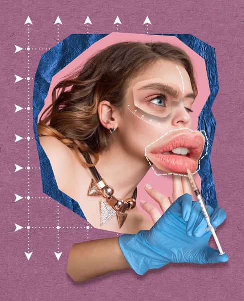 콜라주 얼굴에 보톡스 아름다움의 성형수술 임상적 우주론 — 스톡 사진