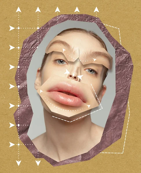 現代美術のコラージュ 大きなブラウザと巨大な唇を持つ若い女性 唇の拡張 抗しわフィラー 美容治療 整形外科 臨床美容学 広告の概念 — ストック写真