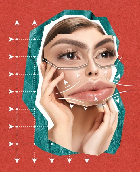 Colagem Arte Contemporânea Mulher Jovem Fazendo Botox Rosto Aumento Lábios — Fotografia de Stock