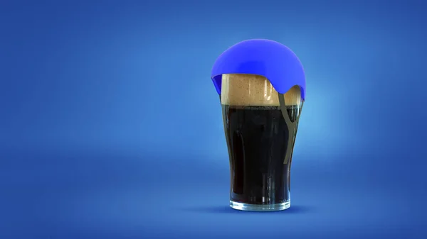 サイクリスト配達人 青いネオンの背景にブルーキャップで隔離された泡のようなダークビールの大きなガラス アルコール ドリンク オクトーバーフェスト スポーツの概念 — ストック写真