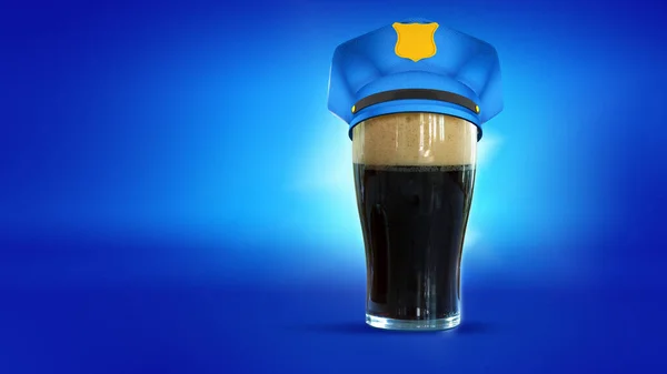 Поліцейський Муг Чорного Пива Поліцейській Шапці Ізольований Синьому Неоновому Фоні — стокове фото