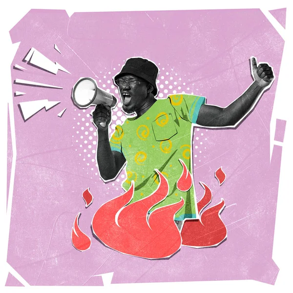 Çağdaş Sanat Kolajı Genç Afrikalı Adam Alevler Içinde Megafonla Bağırıyor — Stok fotoğraf