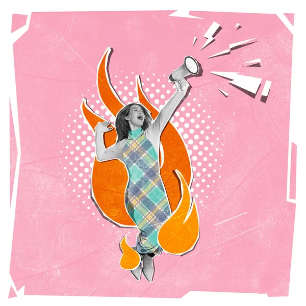 Contemporary artwork. Young girl expressively shouting in megaphone over burning flame. Freedom of choice, equality of gender. Concept of mass media, freedom of speech, propaganda, news, information