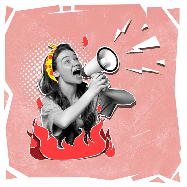 Contemporary art collage. Young stylish girl shouting in megaphone ovr burning flame. Surreal artwork. Concept of mass media, freedom of speech, propaganda, news, information, creativity