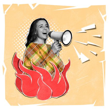 Contemporary art collage. Young woman shouting in megaphone, expressing social opinion and fighting for truth. Concept of mass media, freedom of speech, propaganda, news, information, creativity clipart
