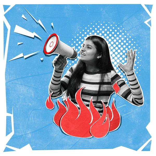 Collage Arte Contemporanea Giovane Donna Gridando Megafono Con Irritazione Prevenire — Foto Stock