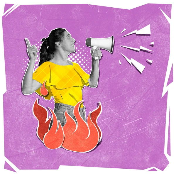 Kolaż Sztuki Współczesnej Młoda Dziewczyna Krzyczy Megafonie Wyrażając Prawdziwe Informacje — Zdjęcie stockowe