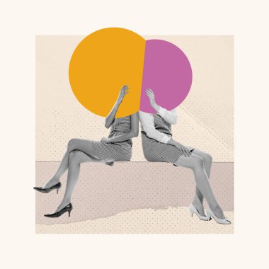 Girlfriends. Contemporary art collage. Two women with color speech bubble, copy space instead heads over abstract background. Concept of vintage retro style, surrealism, imagination, inspiration, ad. clipart