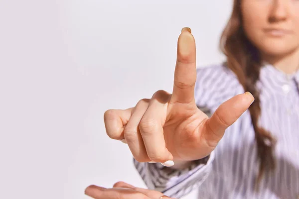 Жіночий Палець Торкається Екрана Білому Тлі Виявлення Відбитків Пальців Безпека — стокове фото