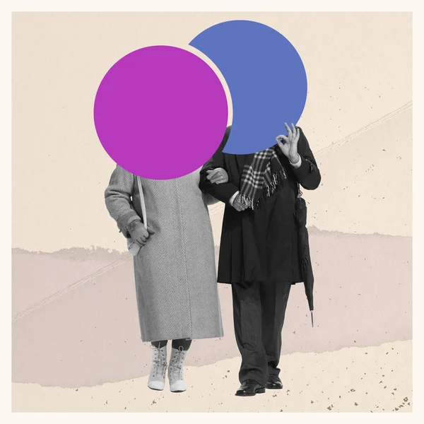Zeitgenössische Kunst Collage Von Retro Paar Geht Auf Pastellfarbenem Hintergrund — Stockfoto