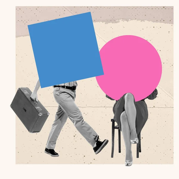 Zeitgenössische Kunstcollage Eines Retro Paares Auf Pastellfarbenem Hintergrund Mit Sprechblase — Stockfoto