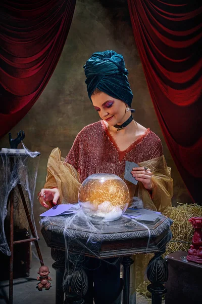 Portrait Magnificent Fortune Teller Woman Reading Future Magical Crystal Ball — Stock Photo, Image
