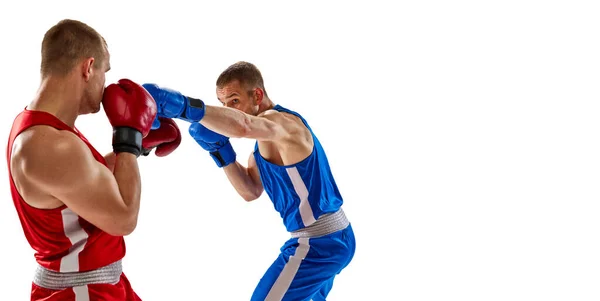 左フック 2人の双子の兄弟 白い背景に隔離された青と赤のスポーツウェアボクシングのプロのボクサー スポーツ トレーニング エネルギーの概念 テキストのコピースペース — ストック写真