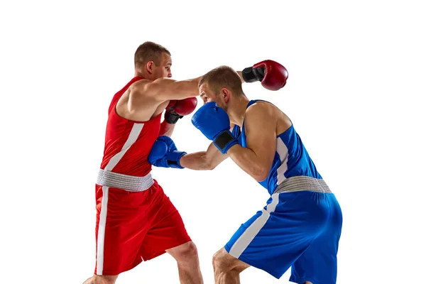 2人のボクサーの戦い 青と赤のスポーツウェアのトレーニングで2つの筋肉のプロボクサー白地に隔離された スポーツ トレーニング エネルギーの概念 広告のコピースペース — ストック写真