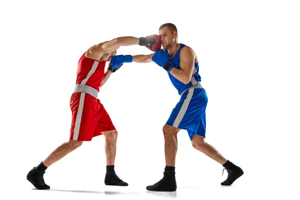 Combattez Portrait Dynamique Deux Boxeurs Professionnels Uniforme Sportif Isolé Sur — Photo