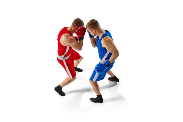 Flygfoto Två Professionella Muskulösa Boxare Blå Och Röda Sportkläder Träning — Stockfoto