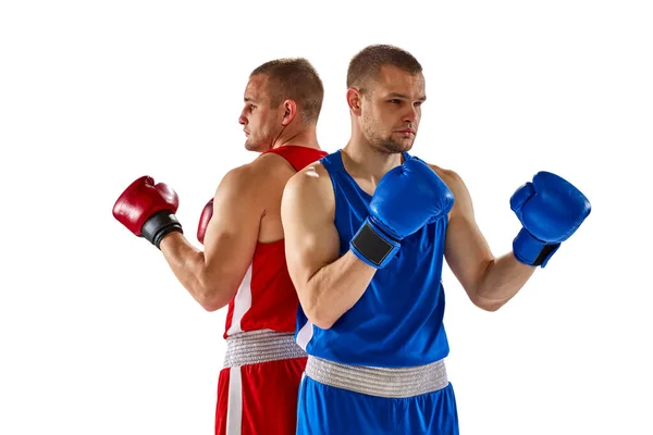 ライバルだ 2人の双子の兄弟 白い背景に隔離された青と赤のスポーツウェアボクシングのプロのボクサー スポーツ トレーニング エネルギーの概念 テキストのコピースペース — ストック写真