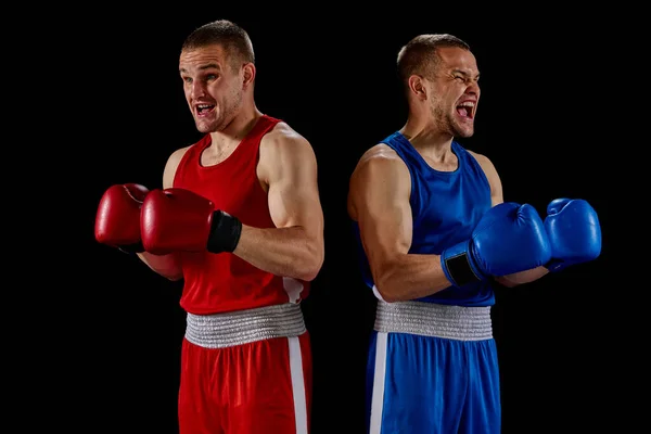 Winner Emotions Two Twins Brothers Professional Boxers Blue Red Sportswear — Stock Photo, Image