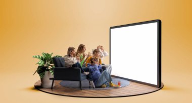 Favori takım için tezahürat. Genç duygusal arkadaşlar birlikte futbol maçı, spor programı ya da film izliyorlar. Heyecanlı kızlar ve oğlanlar, ev içinde dev bir 3 boyutlu cihaz ekranının önünde oturuyorlar.