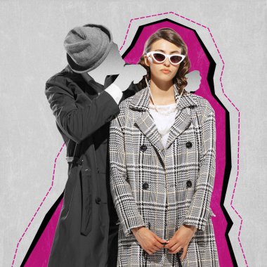 Çağdaş sanat kolajı. Yaratıcı tasarım. Erkek silueti güzel bir kadına kolye takıyor. Geçmiş aşk. Hafıza. İlişki kavramı, duygular, aşk, kriz, psikoloji, aşk.