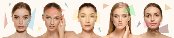 콜라주 얼굴에 화살이 아름다운 화장품 액세서리를 사용하여 피부를 돌보는 아름다움의 — 스톡 사진