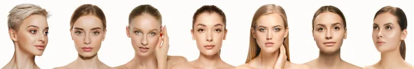 コラージュ 滑らかできれいな顔をした美しい異なる女性は白い背景に隔離されています 皮膚の世話をする 美容治療 整形外科 臨床美容学 広告の概念 — ストック写真
