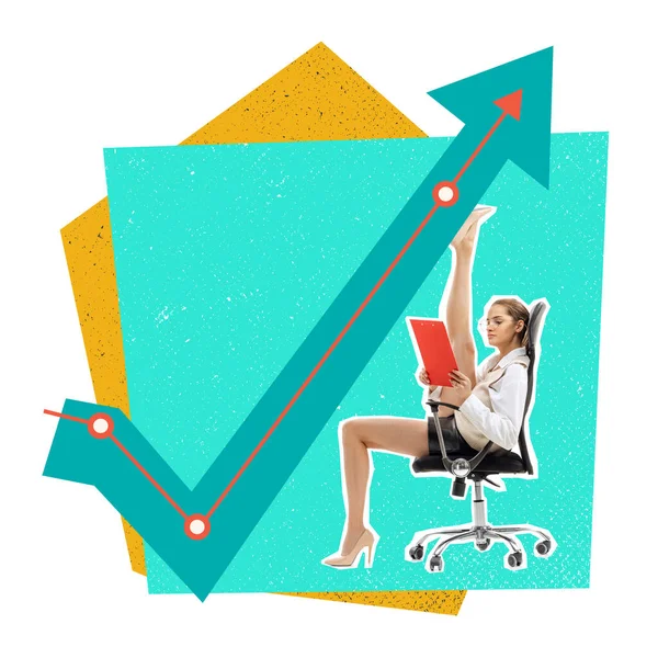 Contemporary art collage. Creative design with young woman, employee sitting and reading document. Proffit arrow going up. Concept of business, career development, success, financial growth
