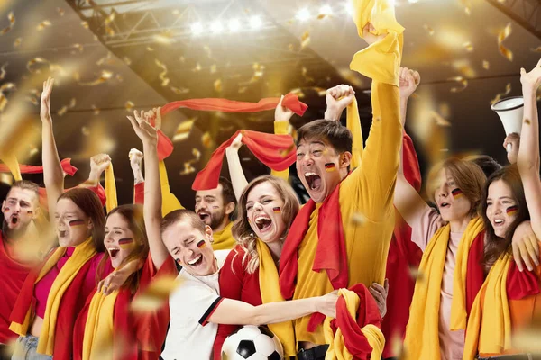 German Emotive Football Soccer Fans Cheering Team Red Scarfs Stadium — Stock Photo, Image