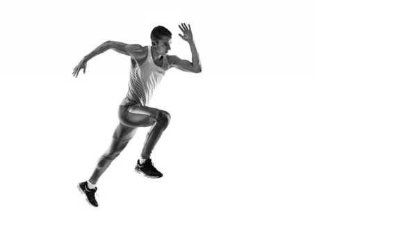Retrato Blanco Negro Atleta Masculino Muscular Corredor Corredor Movimiento Aislado — Foto de Stock