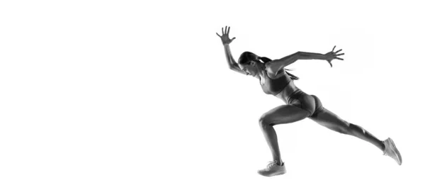 Energie Schwarz Weiß Porträt Einer Profisportlerin Läuferin Joggerin Aktion Isoliert — Stockfoto