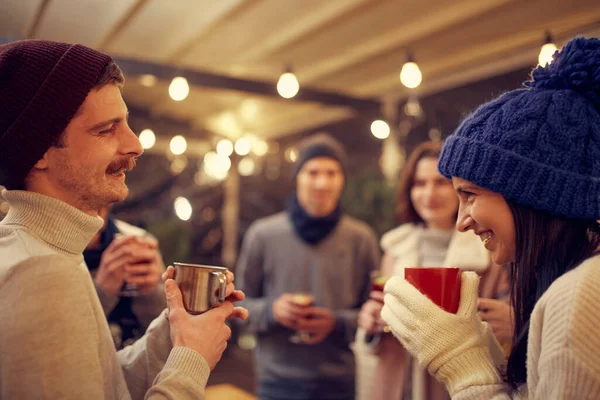 Christmas Mood Young Cheerful Men Women Warm Clothes Spending Time — Stock Photo, Image